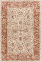 Close-up of the Kilsby Area Rug featuring a traditional floral pattern in cream, rust, and hints of blue. Design-Rectangle-575