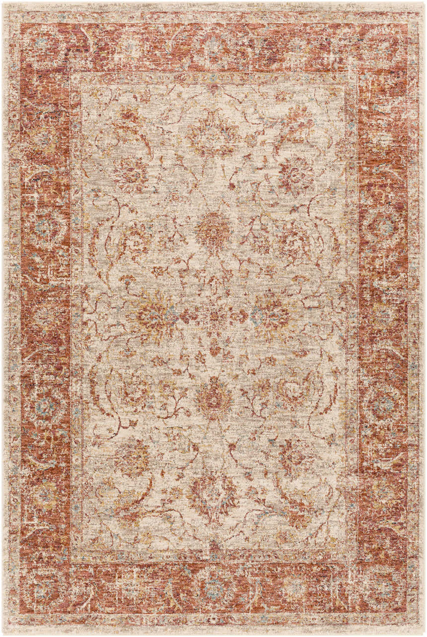 Close-up of the Kilsby Area Rug featuring a traditional floral pattern in cream, rust, and hints of blue. Design-Rectangle-575