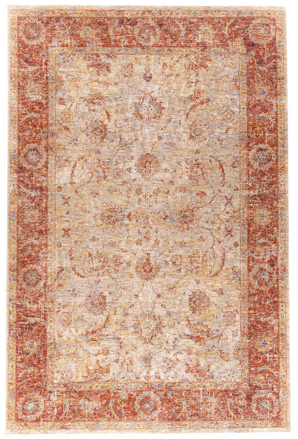 Close-up of the Kilsby Area Rug featuring a traditional floral pattern in rust, gold, and beige tones. Design-Rectangle-6796