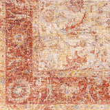 Close-up of the Kilsby Area Rug showing its traditional pattern, warm rust hues, and subtle gold and blue accents. Swatch