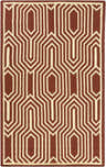 Close-up of the hand woven Kinghorn Area Rug. Contemporary geometric pattern in brick red and cream wool. Design-Rectangle
