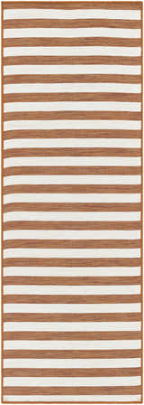 Close-up of the Kington Area Rug. Brick red and cream stripes create a modern farmhouse design. Rectangle shape. Design-Runner-2773