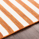 Close-up of Kington Area Rug showing brick red and cream stripes, woven texture, and bound edge on wood floor. Texture