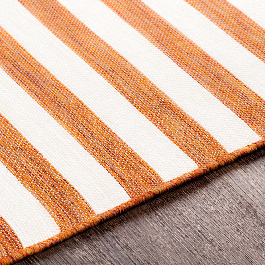 Close-up of Kington Area Rug showing brick red and cream stripes, woven texture, and bound edge on wood floor. Texture