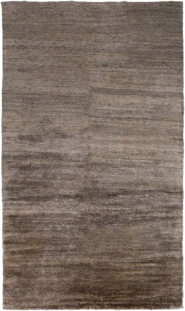 Close-up of the hand-knotted Kingwood Area Rug. Dark and light brown viscose fibers create a textured, transitional design. Design-Rectangle-58
