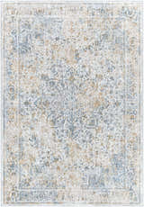 Detailed Kintbury Area Rug showing a distressed, traditional pattern in blue, mustard, taupe, and off-white hues. Design-Rectangle-573