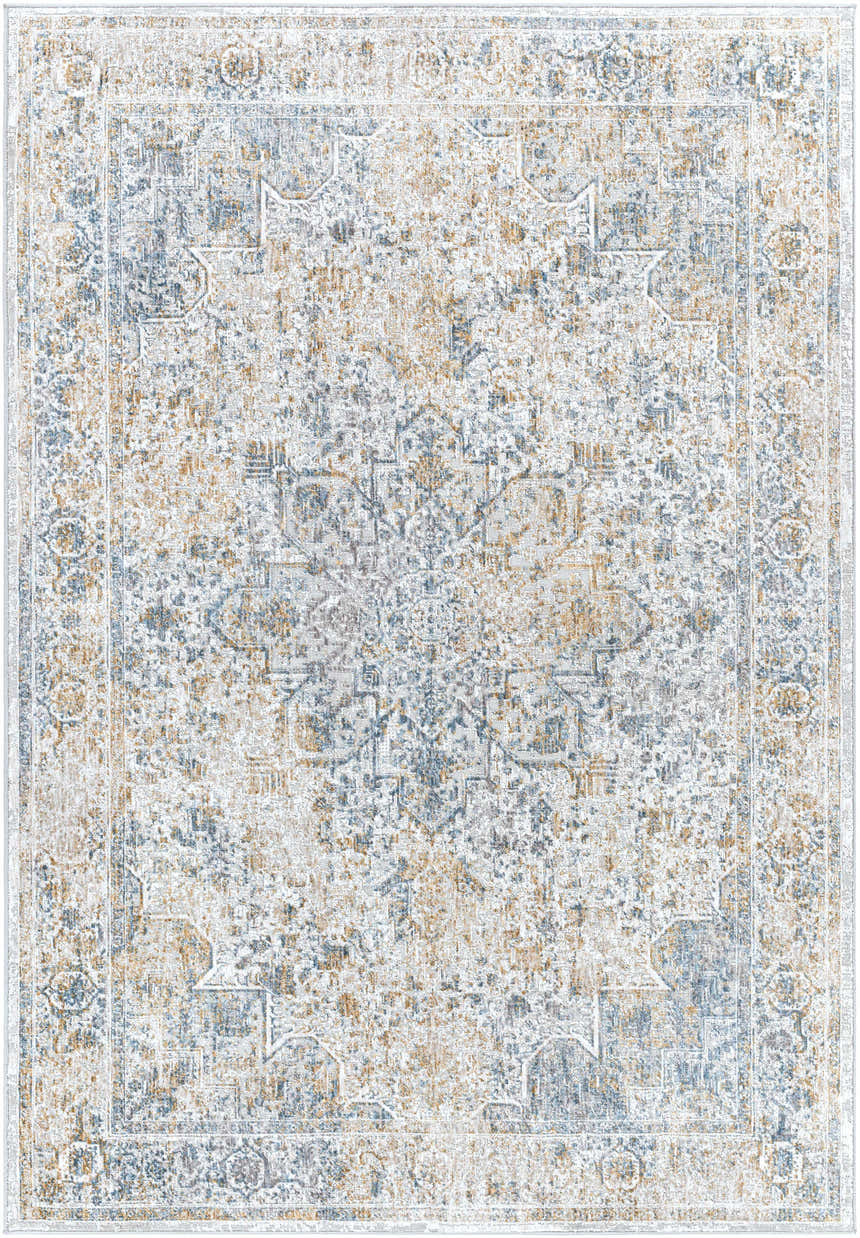 Detailed Kintbury Area Rug showing a distressed, traditional pattern in blue, mustard, taupe, and off-white hues. Design-Rectangle-573