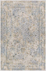 Detailed Kintbury Area Rug close-up. Bohemian style rug in blue, mustard, brown, and off-white with a traditional pattern. Design-Rectangle-6796