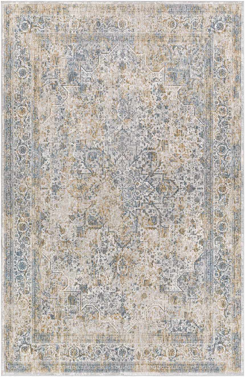 Detailed Kintbury Area Rug close-up. Bohemian style rug in blue, mustard, brown, and off-white with a traditional pattern. Design-Rectangle-6796