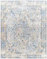 Detailed Kintbury Area Rug. Bohemian style with blue, brown, mustard, and off-white distressed pattern. Machine woven polyester. Design-Rectangle-71010