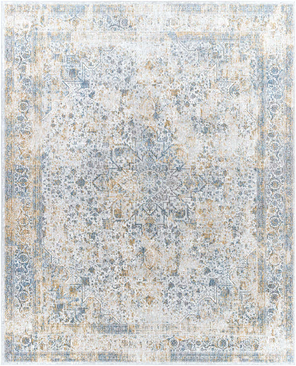 Detailed Kintbury Area Rug. Bohemian style with blue, brown, mustard, and off-white distressed pattern. Machine woven polyester. Design-Rectangle-71010
