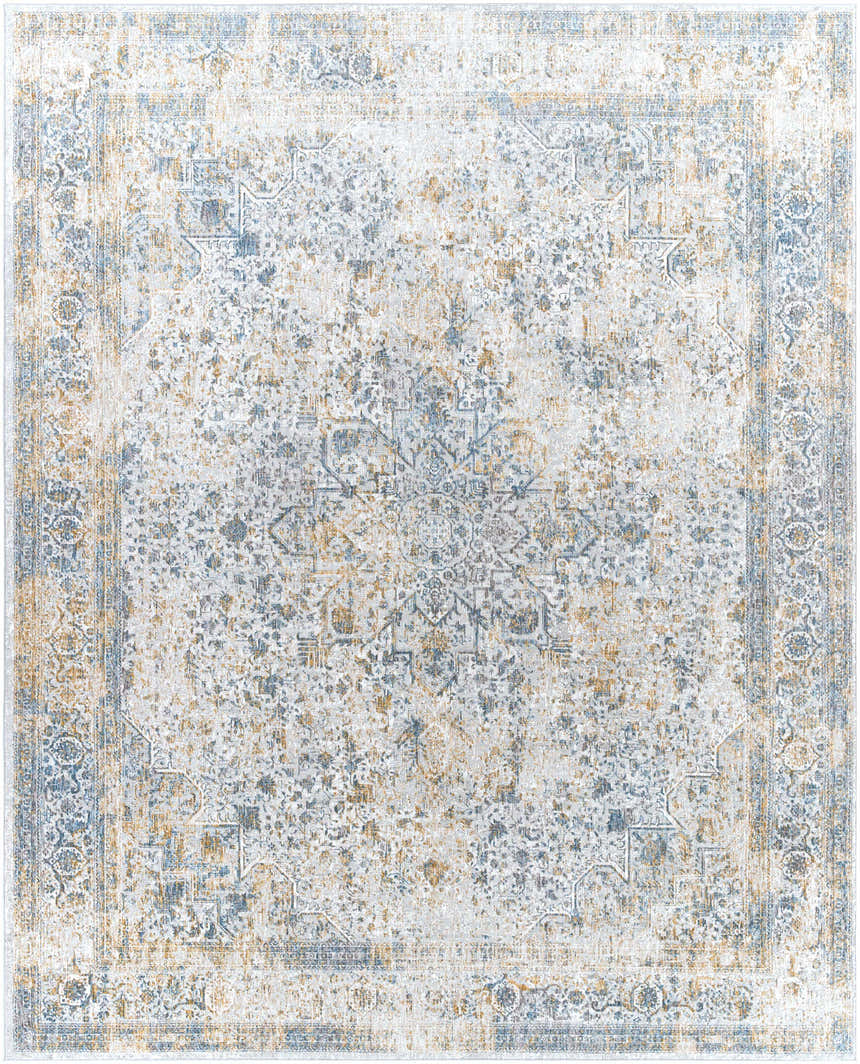 Detailed Kintbury Area Rug. Bohemian style with blue, brown, mustard, and off-white distressed pattern. Machine woven polyester. Design-Rectangle-71010