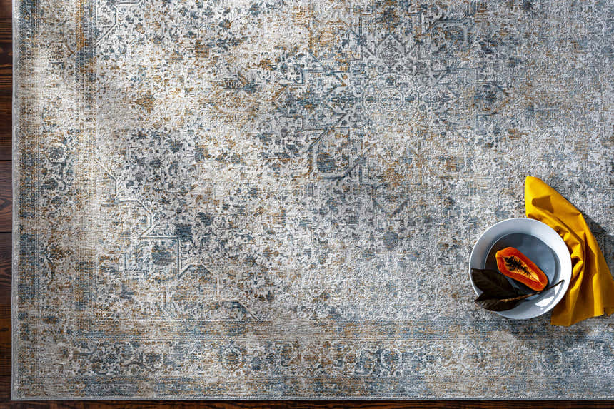 Overhead shot of the Kintbury Area Rug in blue, brown, and off-white with a traditional, distressed pattern and a papaya on a plate. Styleshot