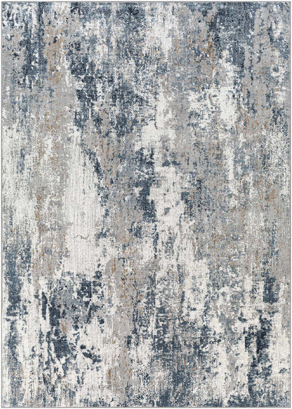 Close-up of the Kipkelion Area Rug, featuring a contemporary abstract design in dark gray, ink, ivory, and tan. Design-Rectangle-537