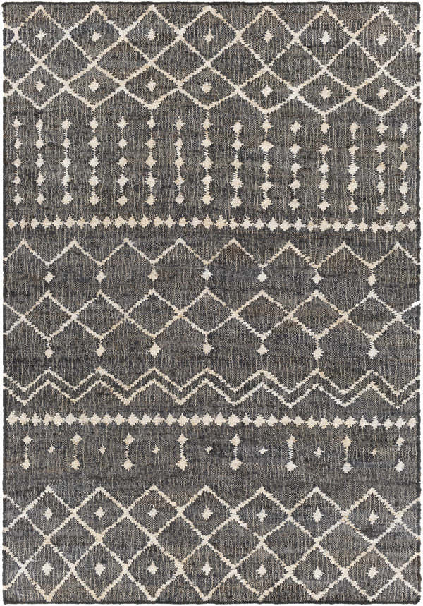 Close-up of the hand woven Kirton Jute Rug. Beige and charcoal rug with a farmhouse-style geometric diamond pattern. Design-Rectangle-576