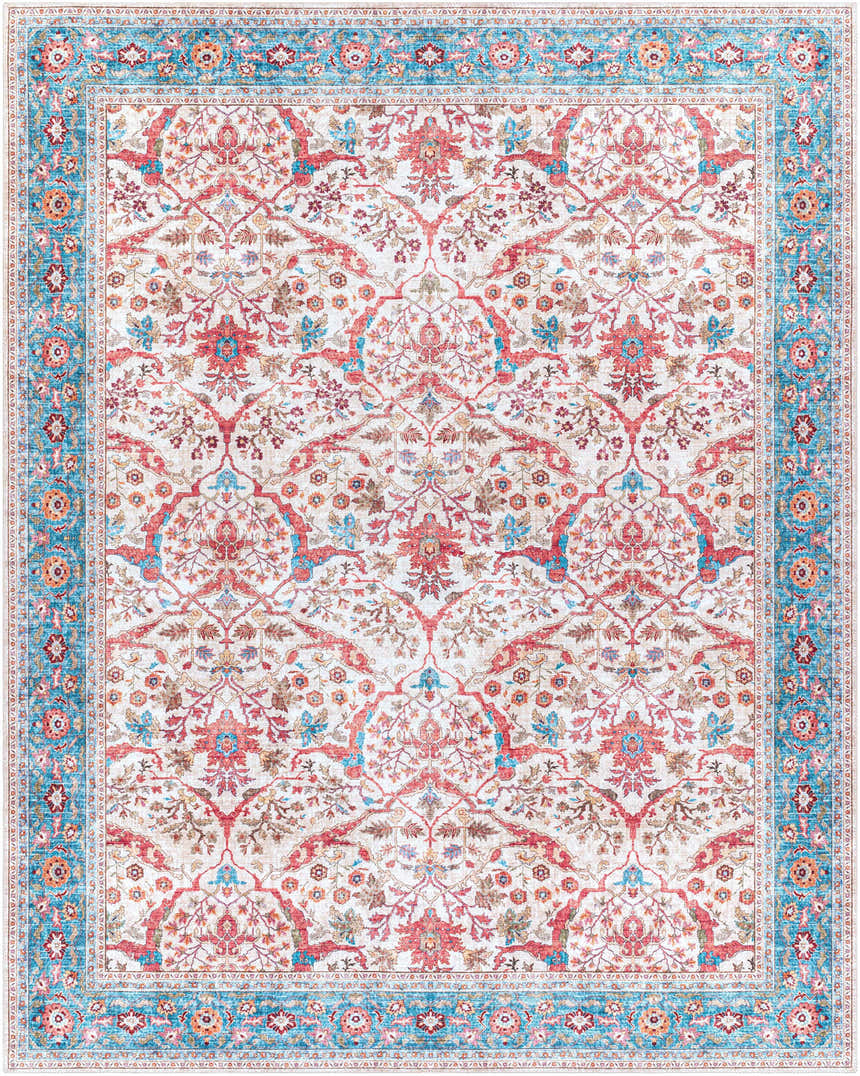 Detailed floral pattern on the Kislingbury Area Rug in beige, blue, red, and tan. Farmhouse style, machine woven. Design-Rectangle-7696