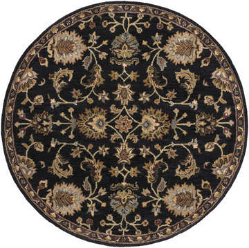 Close-up of the round Kittredge Floral Black Wool Rug, showcasing its traditional floral pattern and rich colors. Design-Round-6