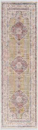 Close-up of Klahanie Area Carpet runner. Bohemian style rug with brick red, cream, and olive diamond medallions. Design-Runner-279