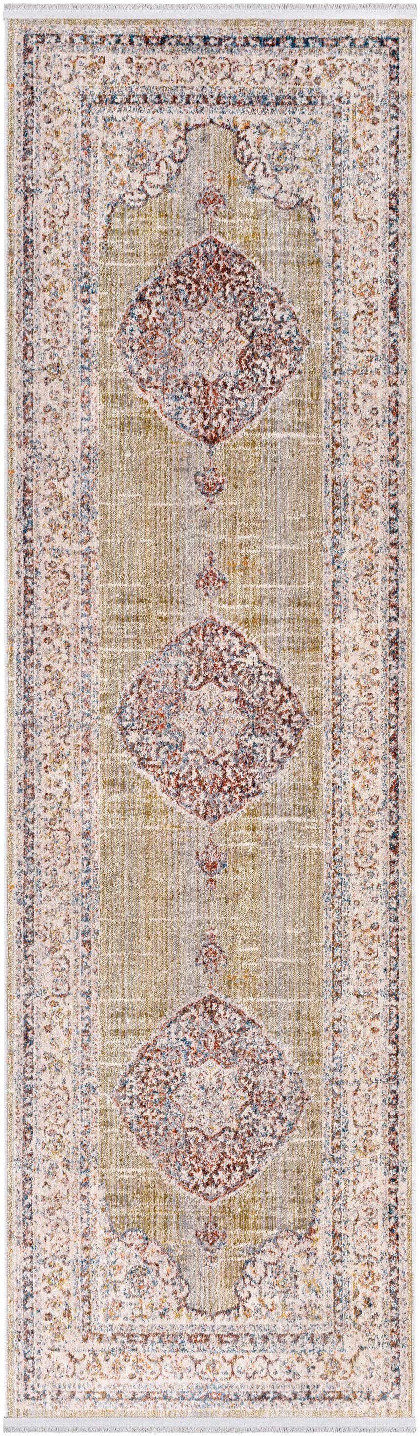 Close-up of Klahanie Area Carpet runner. Bohemian style rug with brick red, cream, and olive diamond medallions. Design-Runner-279