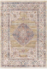 Close-up of the Klahanie Area Carpet showing its traditional, oriental design and brick red, cream, and blue colors. Design-Rectangle-579