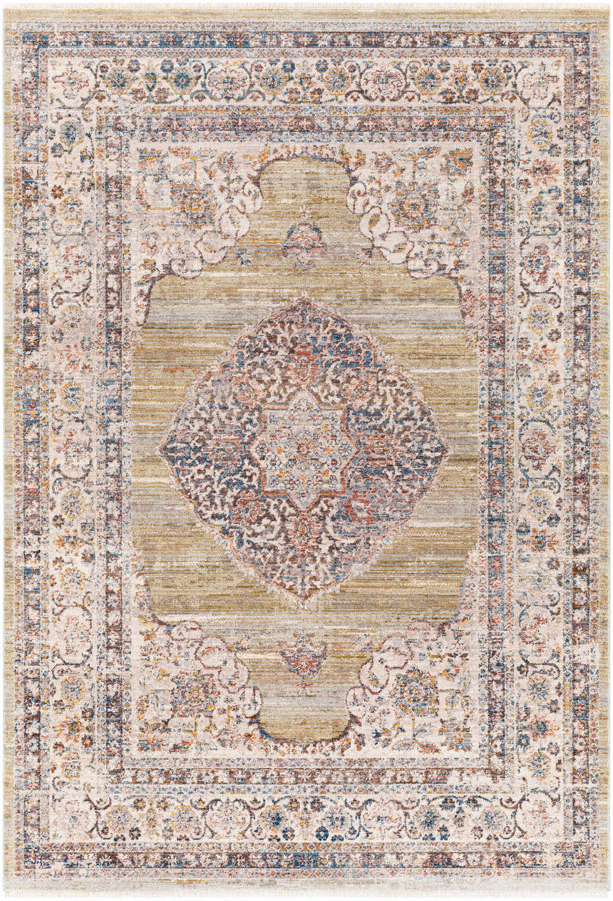 Close-up of the Klahanie Area Carpet showing its traditional, oriental design and brick red, cream, and blue colors. Design-Rectangle-579