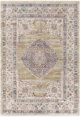 Detailed Klahanie Area Carpet showcasing a traditional oriental design in brick red, cream, and blue hues. Design-Rectangle-58