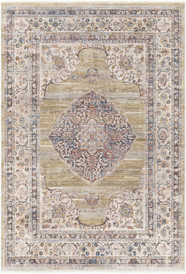 Detailed Klahanie Area Carpet showcasing a traditional oriental design in brick red, cream, and blue hues. Design-Rectangle-58