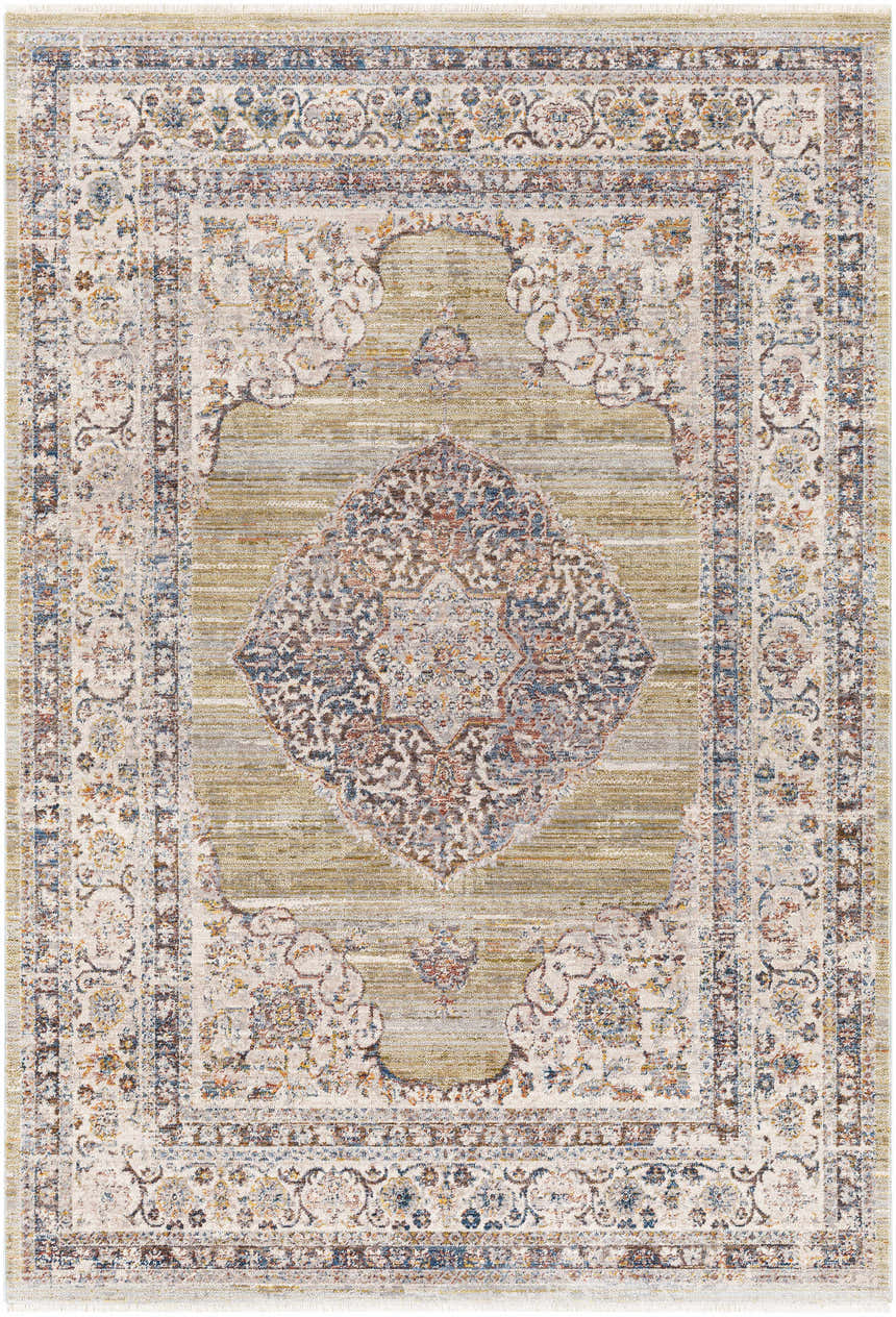 Detailed Klahanie Area Carpet showcasing a traditional oriental design in brick red, cream, and blue hues. Design-Rectangle-58