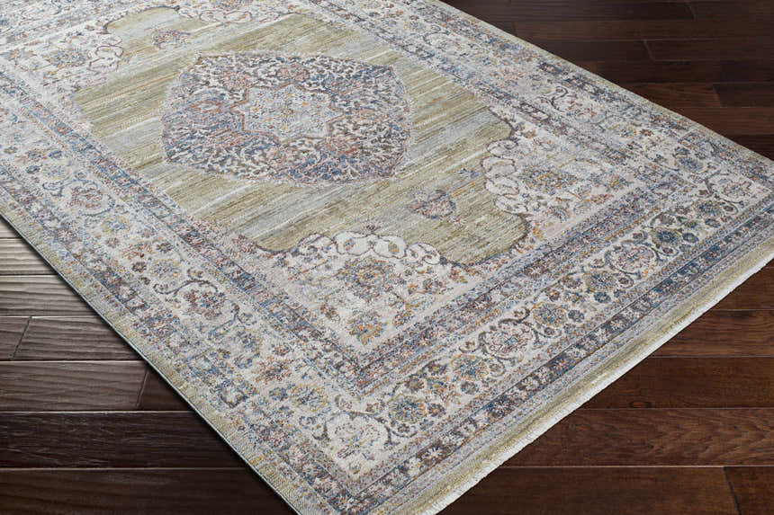 Close-up of Klahanie Area Carpet on dark wood floor. Bohemian style rug with brick red, cream, blue, and gray oriental pattern. Corner