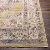 Close up of the Klahanie Area Carpet showing its brick red, cream, and blue bohemian pattern. Front