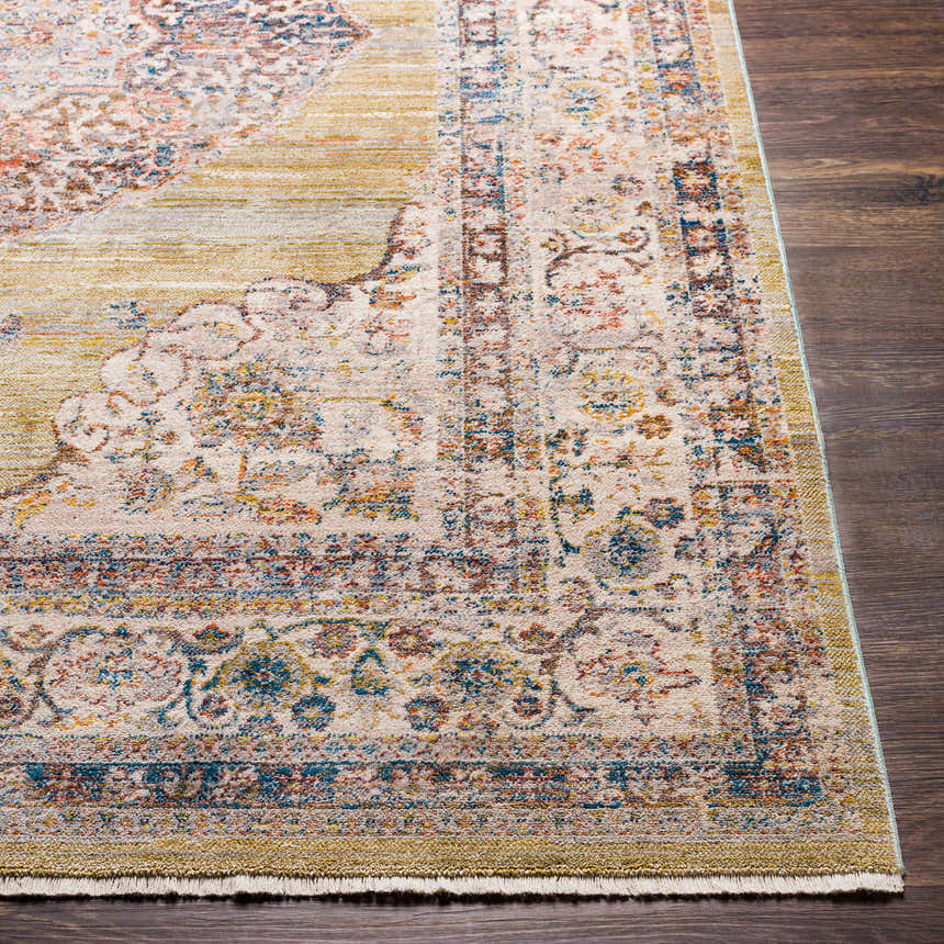 Close up of the Klahanie Area Carpet showing its brick red, cream, and blue bohemian pattern. Front