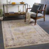Living room scene with a Klahanie Area Carpet, gray chair, console table, and neutral decor. Bohemian style. Roomscene-Rectangle