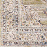 Close-up of Klahanie Area Carpet showing its traditional, oriental design with brick red, cream, and blue details. Swatch
