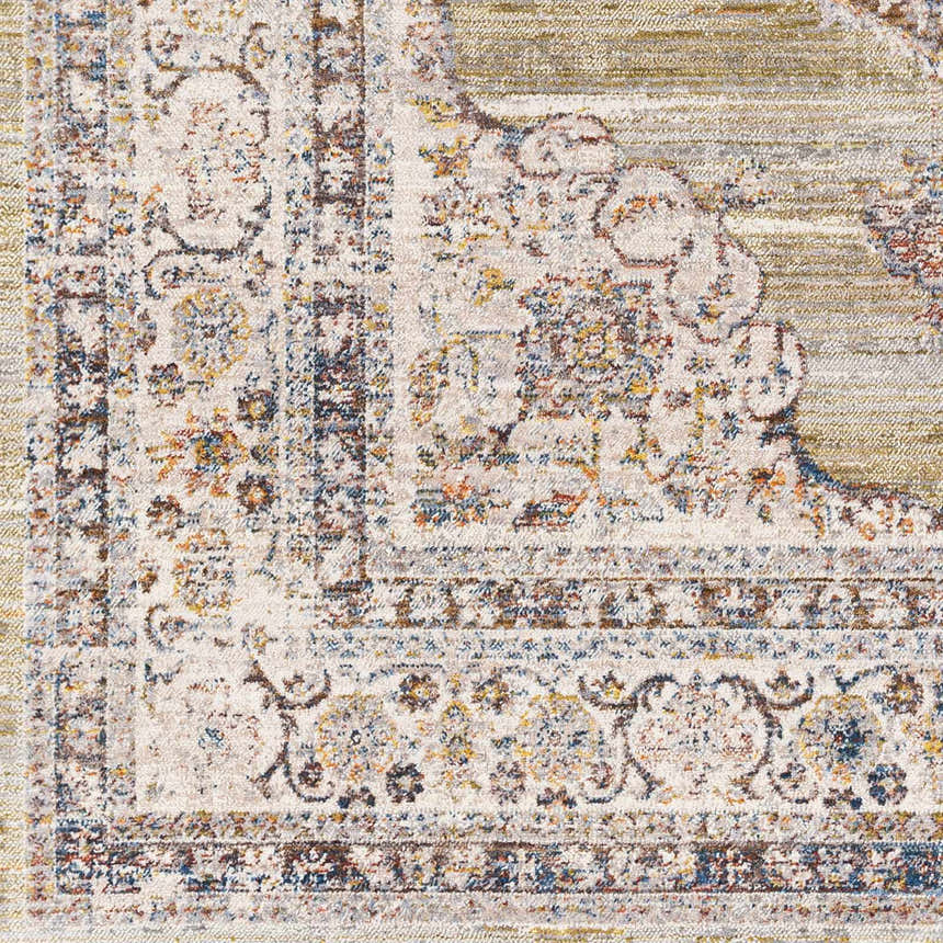 Close-up of Klahanie Area Carpet showing its traditional, oriental design with brick red, cream, and blue details. Swatch