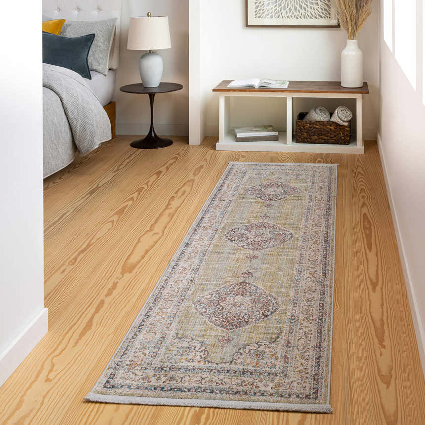 Bedroom scene with a Klahanie Area Carpet runner in brick red, cream, and blue. Bohemian style on wood floor. Roomscene-Runner