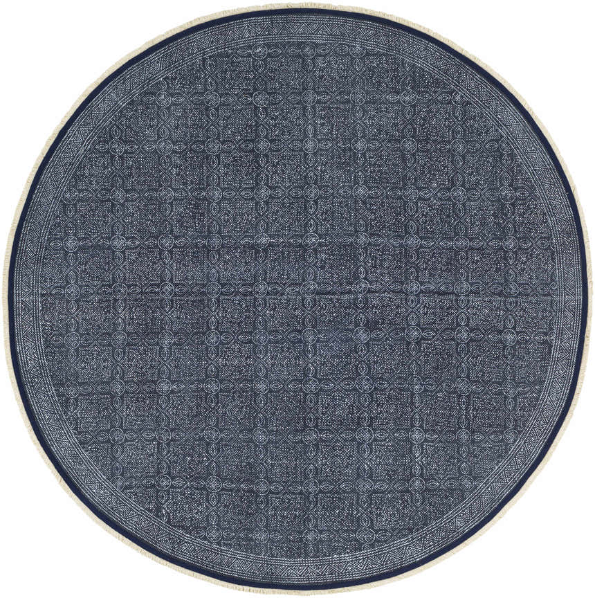 Close-up of the hand woven Kilburn Blue Cotton Round Carpet, featuring a bohemian geometric pattern and fringe. Design-Round-6