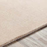 Close-up of the hand-loomed Klickitat Area Rug. Peach and white Tencel rug with subtle textured design. Texture
