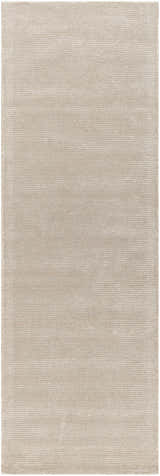 Close-up of the light gray Keller Area Rug, a hand-tufted wool and viscose rug with a subtle striped texture. Design-Runner-268