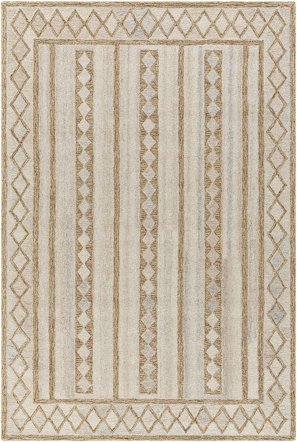 Close-up of the Adarsh Area Rug, a hand-tufted wool rug with ash, pearl, and tan stripes and diamond border. Design-Rectangle-576