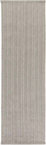 Close-up of the hand woven Kempston Gray Rug. Medium gray rug with subtle vertical stripe pattern. Design-Runner-268