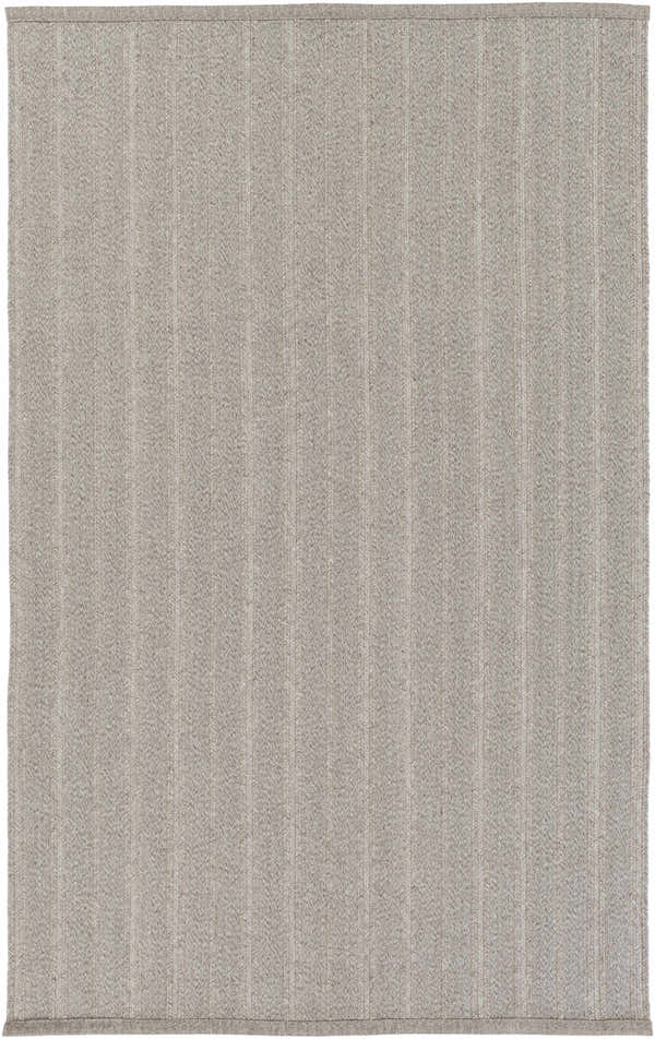 Close-up of the Kempston Gray hand woven rug. The rug has a subtle vertical stripe pattern and woven texture. Design-Rectangle-576