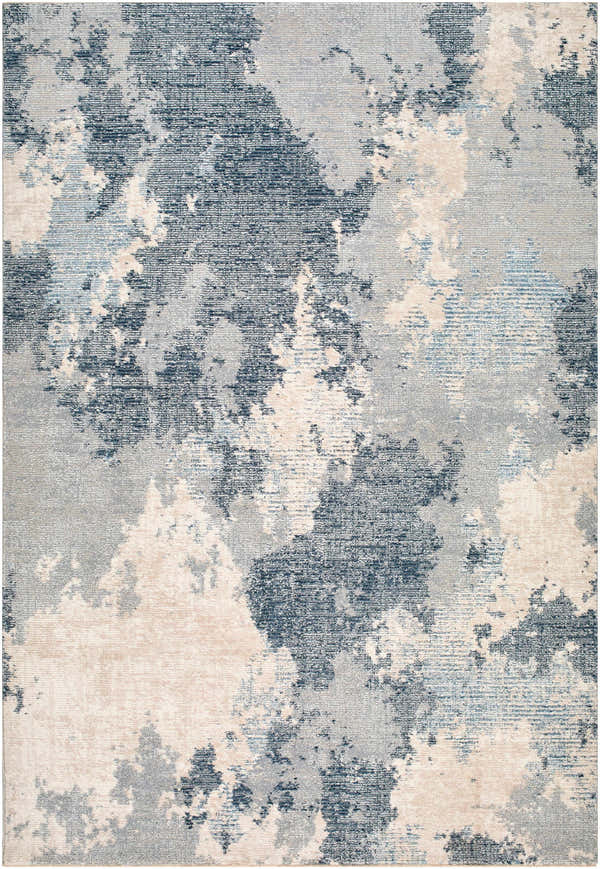 Close-up of the Keme Area Rug. Contemporary style rug with charcoal, gray, and beige abstract pattern. 100% Polyester. Design-Rectangle-579