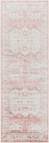 Close-up of a pink and cream Kendal Area Rug with a traditional, distressed oriental pattern. Machine woven texture. Design-Runner-2773