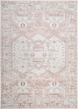 Close-up of the Kendal Area Rug. Machine-woven with a traditional, light beige, cream, and pale pink oriental pattern. Design-Rectangle-527