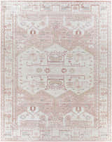 Close-up of the Kendal Area Rug. Bohemian style rug in cream, light beige, pale pink, and plum colors. Design-Rectangle-7996