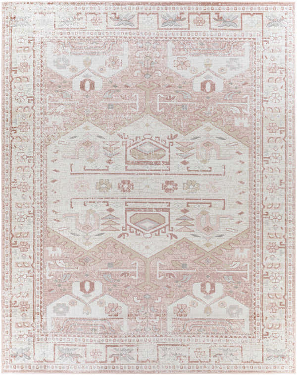 Close-up of the Kendal Area Rug. Bohemian style rug in cream, light beige, pale pink, and plum colors. Design-Rectangle-7996
