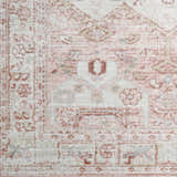 Close-up of the Kendal Area Rug. Cream, light beige, light gray, pale pink, and plum oriental rug with a traditional pattern. Swatch