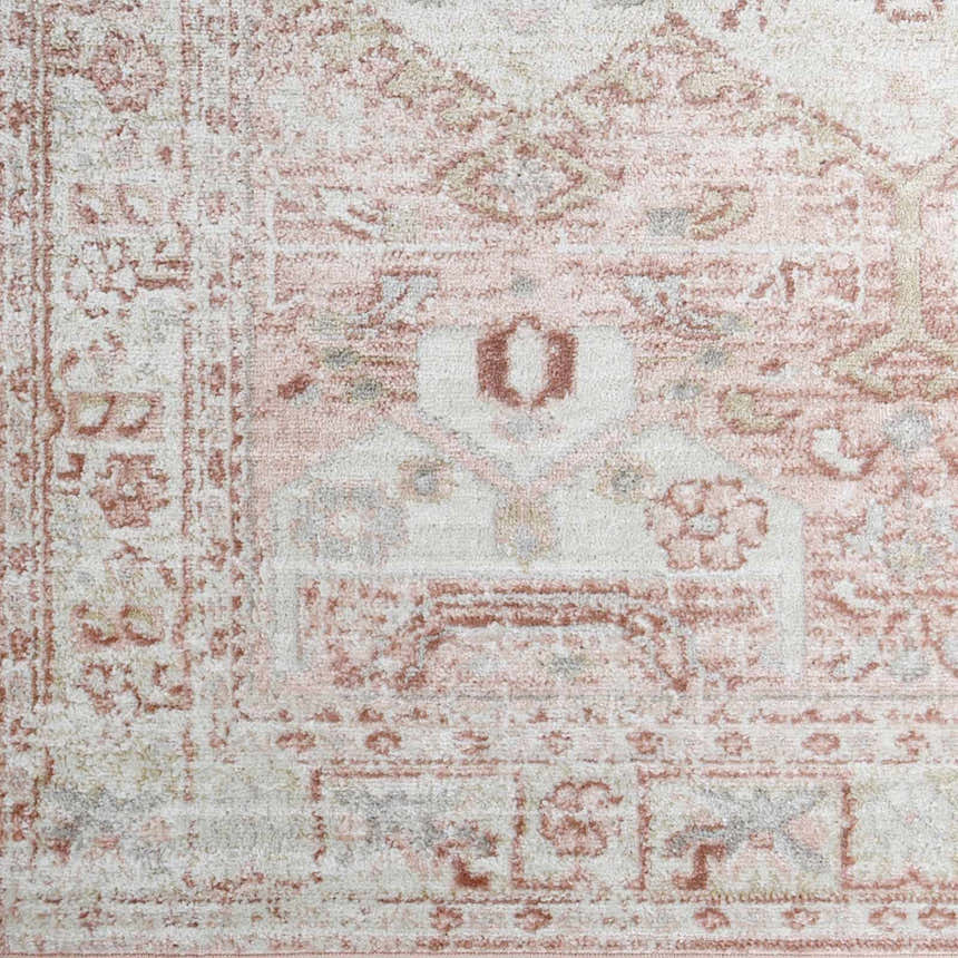 Close-up of the Kendal Area Rug. Cream, light beige, light gray, pale pink, and plum oriental rug with a traditional pattern. Swatch