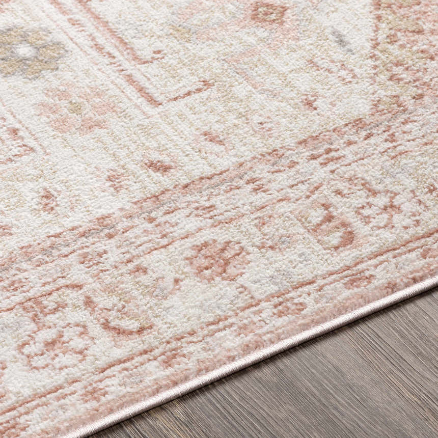 Close-up of the Kendal Area Rug showing cream, beige, and pale pink traditional design and soft texture. Texture