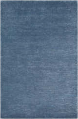 Close-up of the blue Kendall Carpet. Hand-knotted rug made of wool and viscose with a subtle horizontal stripe pattern. Design-Rectangle-576
